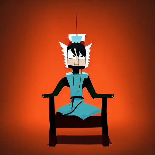 Image similar to samurai jack on a chair, thinking about life, flowers around, hyper realistic, anime style, digital art inspired from the cartoon