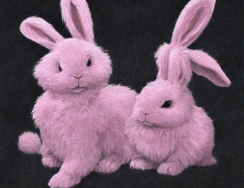 Prompt: old - school dark fantasy art, cute fluffy pink bunny