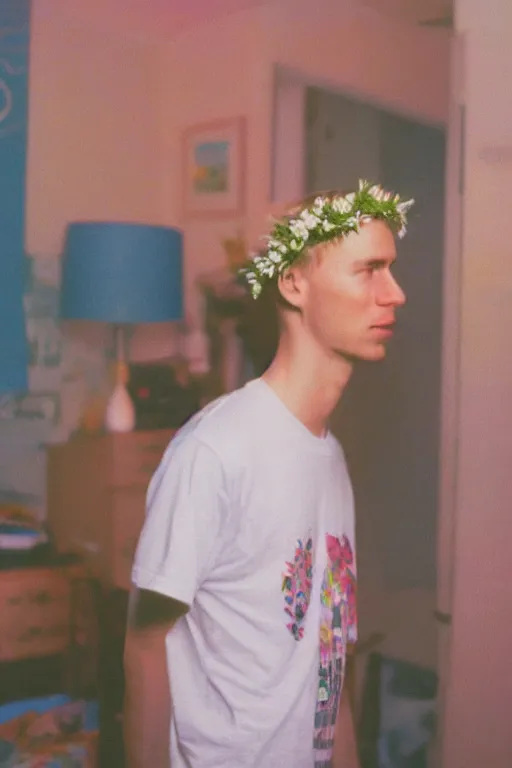 Image similar to agfa vista 4 0 0 photograph of a skinny blonde guy standing in a cluttered 9 0 s bedroom, flower crown, back view, grain, moody lighting, moody vibe, telephoto, 9 0 s vibe, blurry background, vaporwave colors!, faded!,