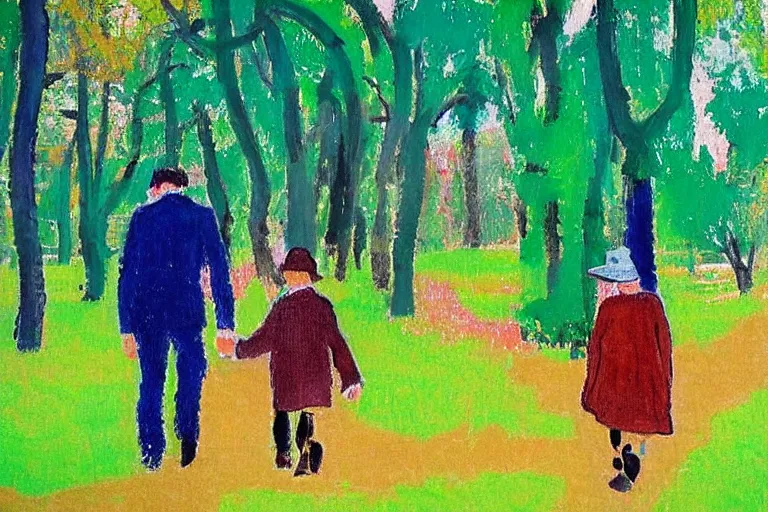 Image similar to a very tall man named John with dark hair holding the hands of a short young boy named Alex with dark hair as they walk in a park on a bright beautiful colorful day. part in the style of an edgar degas painting. part in the style of david hockney