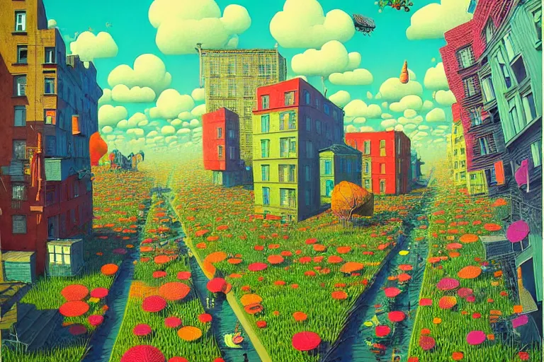 Prompt: surreal glimpse into other universe, new york, summer morning, very coherent and colorful high contrast, art by!!!! gediminas pranckevicius!!!!, geof darrow, floralpunk screen printing woodblock, dark shadows, hard lighting, stipple brush technique,