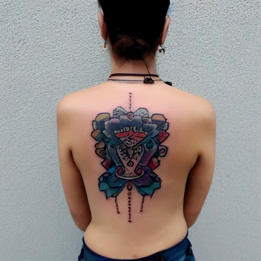 Image similar to sp - 4 0 4 audio mixer in the style of tattoo along female lower back