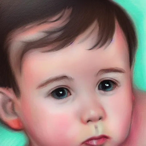 Prompt: a digital portrait of a 1 year old with black hair,hazel green eyes, drawn in the style of mark Arian