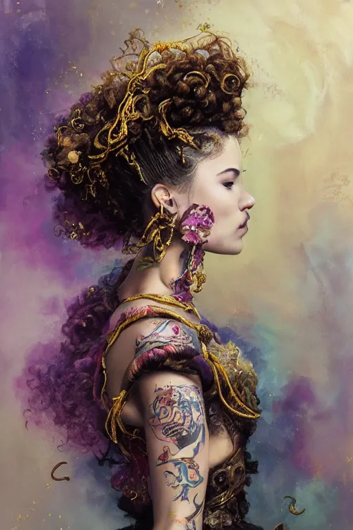 Prompt: an epic painting of a 19 years old girl figure, curly messy high bun hairstyle, whimsically designed oriental tattoos, subject wearing a gold and ruby alexander mcqueen medieval gown, flowing, ornate, beautiful, forbidden beauty, dramatic earth colors, with few vivid purple highlights, by Jeremy Mann, trending on Artstation, 80mm lens, rule of thirds, oil on canvas