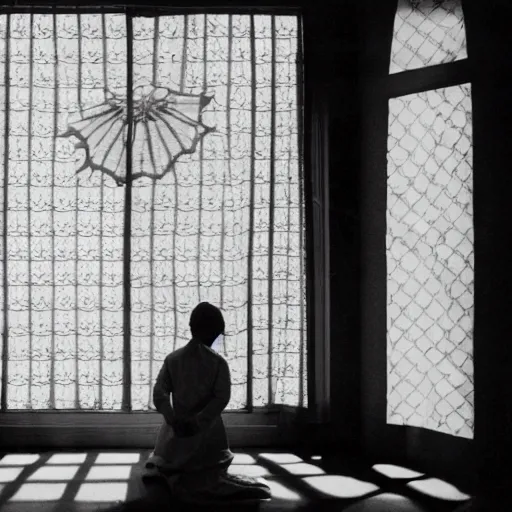 Prompt: woman in traditional hanbok waiting in living room while the shadow of a giant Kaiju-eiga starfish monster is behind the screen window, 35mm film still, monochrome Wes Anderson and Fritz Lang