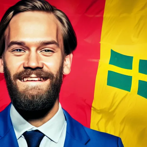 Image similar to Swedish propaganda poster of PewDiePie with the flag of Sweden in the background