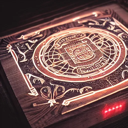 Prompt: a wooden ouija board, intricate, detailed, symbols, RGB LED lights, rendered