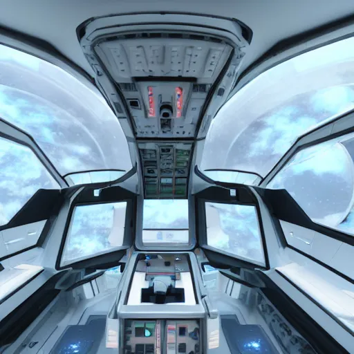 Prompt: flight deck inside a sci-fi spaceship escape pod that is a mind temple for meditation and discovery of secret knowledge. clean white interior, large window to view outer space, raytraced, corona render, 4k