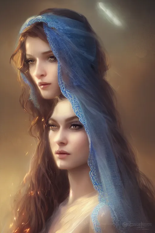 Image similar to A beautiful gorgeous female Arabian character portrait with wavy hair, blue eyes, transparent veil, cinematic lighting, hyper-detailed, cgsociety, 8k, high resolution, in the style of Charlie Bowater, Tom Bagshaw, Alexis Franklin, Elena Masci, Pawel Rebisz