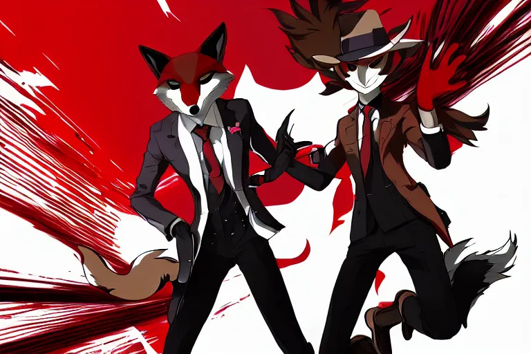 Image similar to a furry tan male fox on a persona 5 : royal ( by atlus ) video game splash screen, a furry male sandcolored tan fox fursona ( has hair ), persona 5 phantom thief style