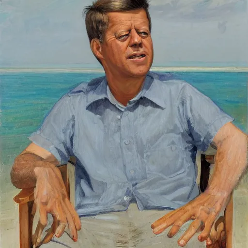 Image similar to portrait of john f kennedy, wrinkled, grey hair sitting on rocking chair, landscape of nantucket beach, dunes, ocean, bluff, handsome, hawaiian shirt, oil on canvas by william sidney mount - 1 9 8 2, trending on artstation