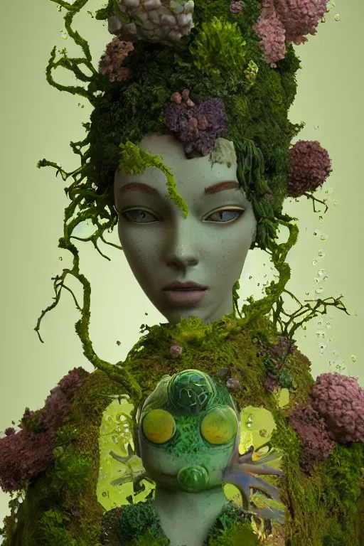 Image similar to nonbinary model, subject made of cracked clay, vine headdress, moss patches, 2 0 mm, with pastel yellow and green bubbles bursting out, melting into bulbasaur, delicate, beautiful, intricate, houdini sidefx, by jeremy mann and ilya kuvshinov, jamie hewlett and ayami kojima, bold 3 d