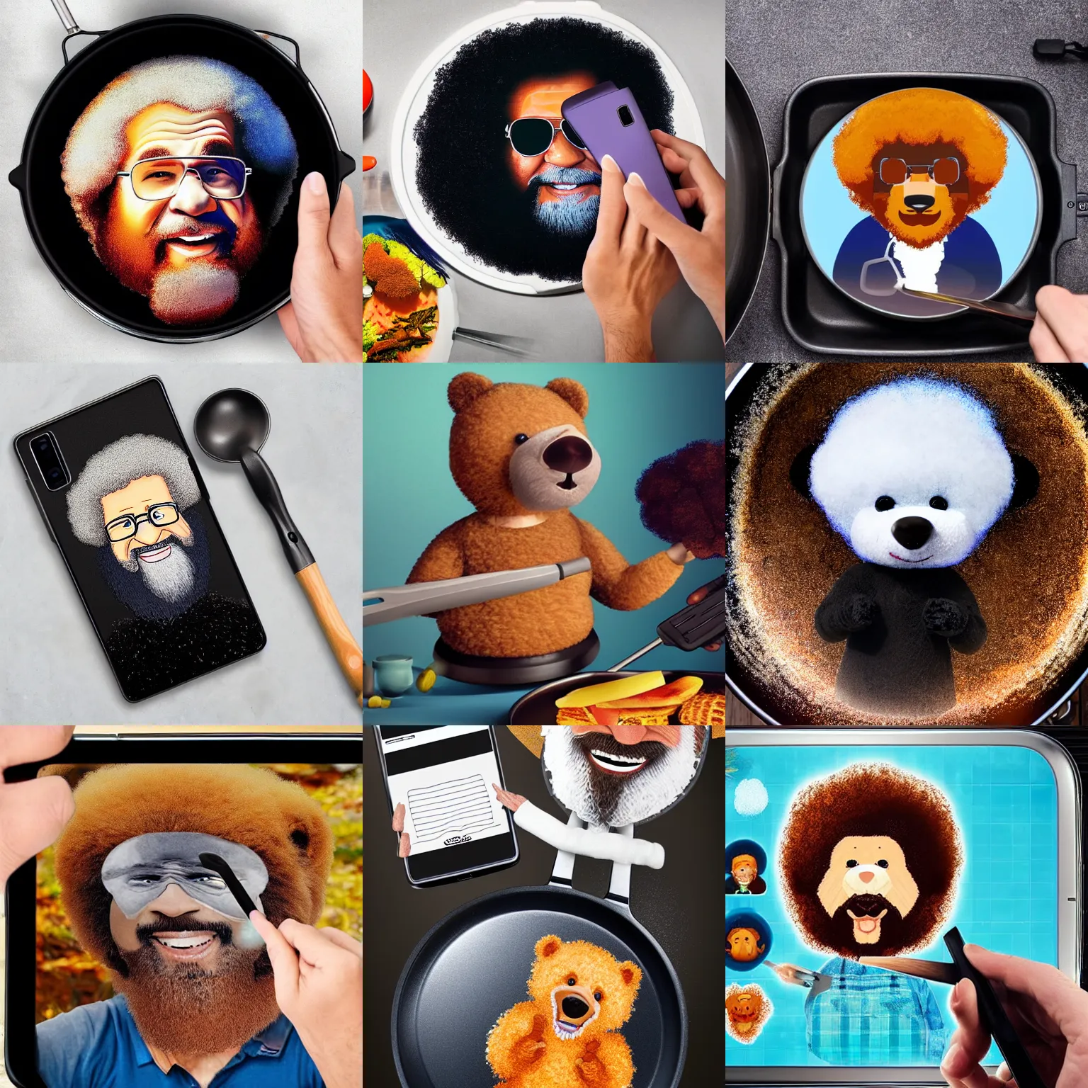 Prompt: bear with bob ross afro, cooking samsung galaxy s phone in frying pan, pov shot