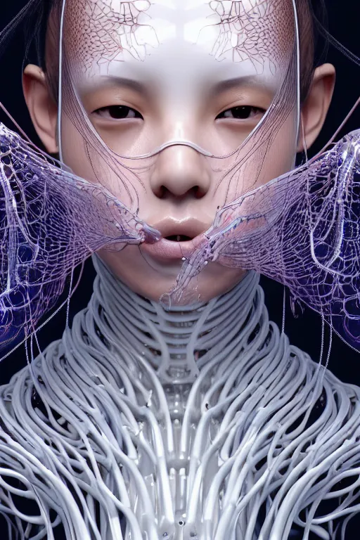 Image similar to young asian woman, iris van herpen, beautiful face, perfect symmetrical body, full body shot, inflateble shapes, wires, tubes, veins, jellyfish, white biomechanical details, wearing epic bionic cyborg implants, masterpiece, intricate, biopunk, vogue, highly detailed, artstation, concept art, cyberpunk, octane render