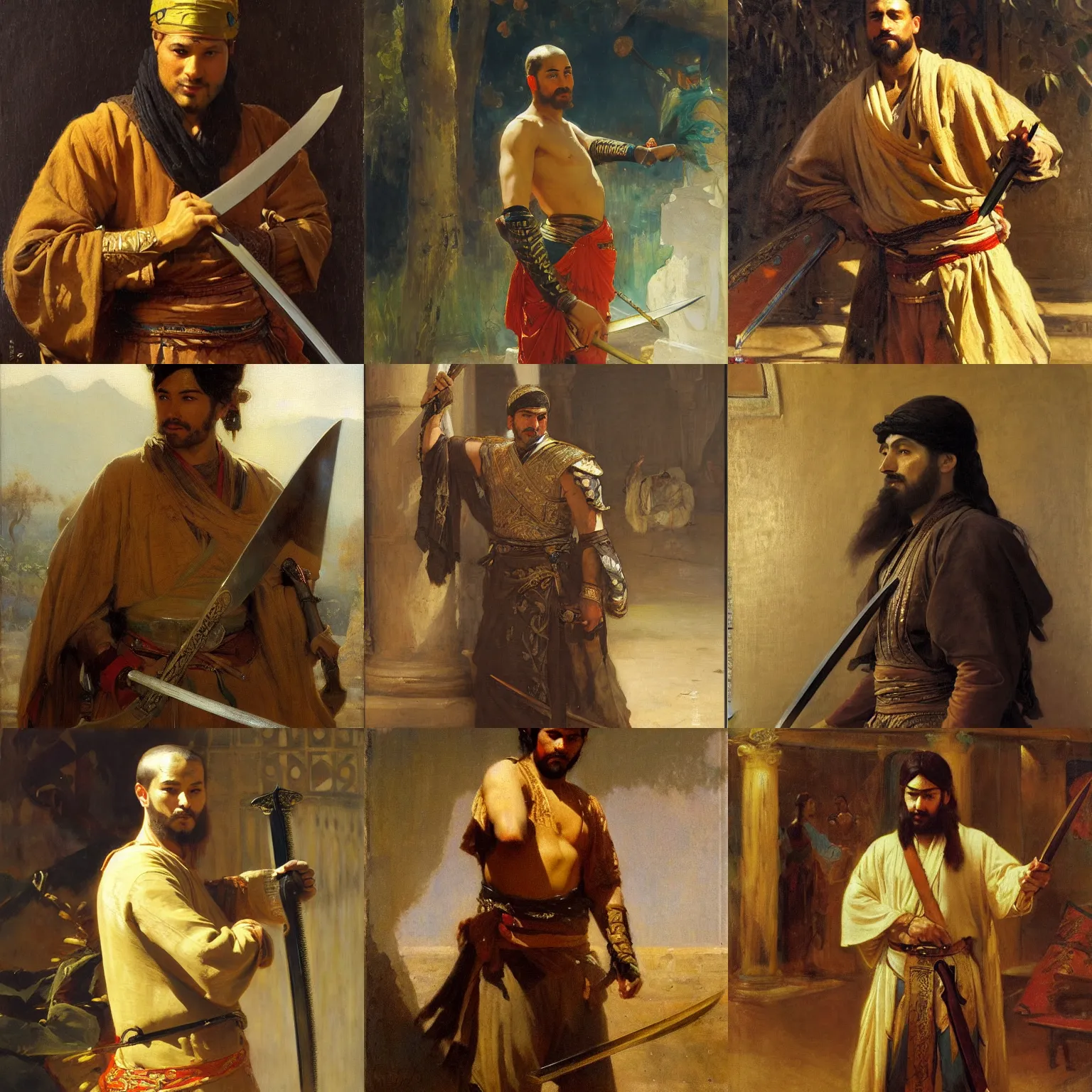 Prompt: orientalism painting of a confident noble swordsman by theodore ralli and nasreddine dinet and anders zorn and edwin longsden long, bronze age, sword and sorcery, oil on canvas, masterful intricate artwork, excellent lighting, high detail 8 k