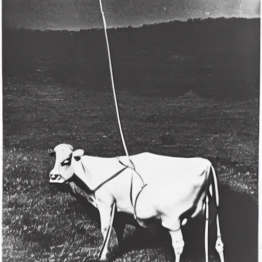 Image similar to vintage photograph from the 1 9 3 0 s of a cow being abducted by aliens shot from the ground