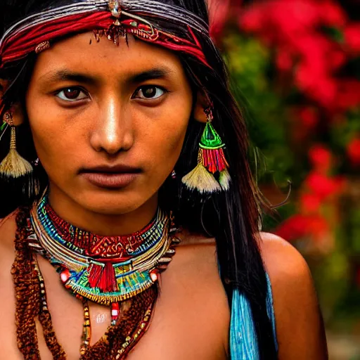 Image similar to portrait of a stunningly beautiful alluring nepalese tribal female, depth of field, zeiss lens, detailed, symmetrical, centered, fashion photoshoot, by annie leibovitz and steve mccurry, david lazar, jimmy nelsson, breathtaking, 8 k resolution, extremely detailed, beautiful, establishing shot, artistic, hyperrealistic, beautiful face, octane render