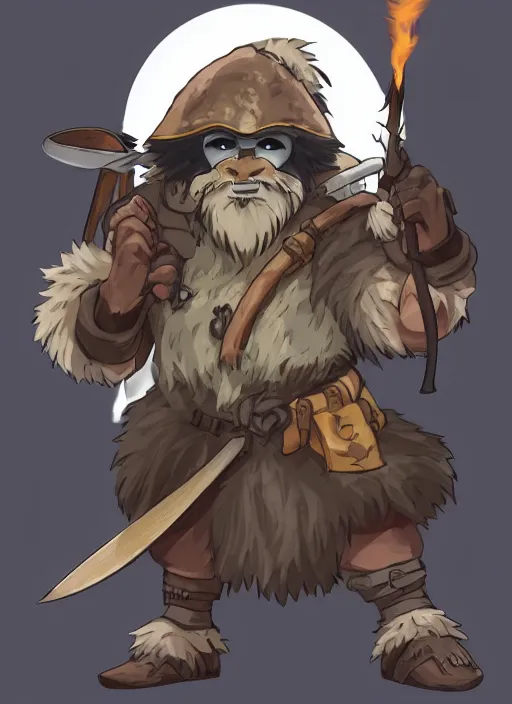 Image similar to bugbear ranger, black beard, dungeons and dragons, hunters gear, flames, character design on white background, by studio ghibli, makoto shinkai