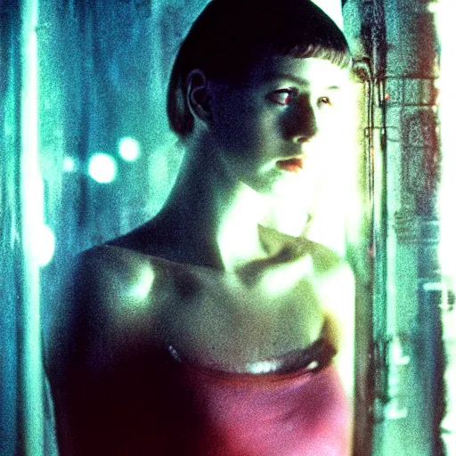 Prompt: film still, 6 5 mm, a masterpiece portrait photo of a girl, biotech, cyberpunk, blade runner, cyborg, grainy, withered, worn, glowing lights