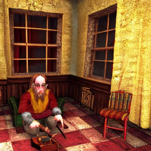 Prompt: Hairy Potter in Gryffindor's common room, Playstation 2 screenshot, 3D Render