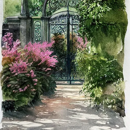 Image similar to delicate, garden, paved, botanic watercolors, iridescent, 8 k, realistic shaded, fine details, artstation, italian, chairs, iron gate, oak tree, pompeii