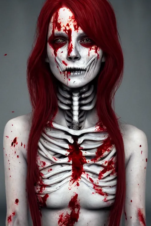 Image similar to pale woman skeleton covered with blood, rolyatistaylor face!!!, red hair, ultra realistic, concept art, intricate details, highly detailed, 4 5 mm. photorealistic, octane render, 8 k, unreal engine. film still, heavy grain, 3 5 mm, art by artgerm and greg rutkowski and alphonse mucha