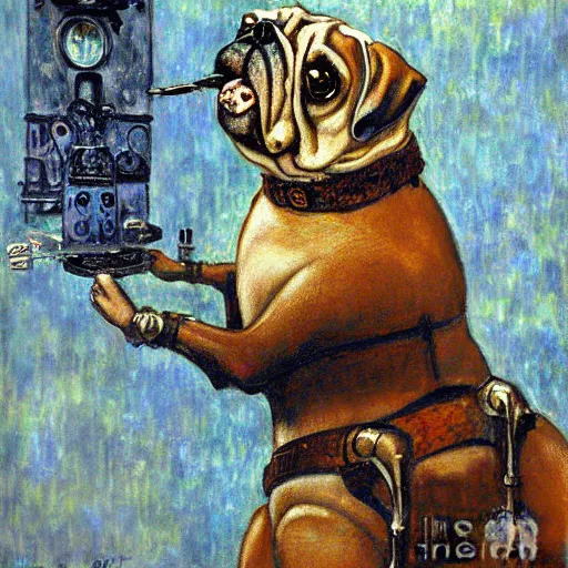 Image similar to pug dog robot smoking a hooka, intricate detail, painting, jazz age, klimt, royo, frazetta, whealan,