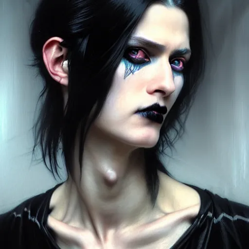 Image similar to portrait painting of an androgynous witch with shoulder length black hair pale skin and beautiful eyes wearing a punk clothes, ultra realistic, concept art, intricate details, eerie, highly detailed, photorealistic, octane render, 8 k, unreal engine. art by artgerm and greg rutkowski and magali villeneuve and alphonse mucha