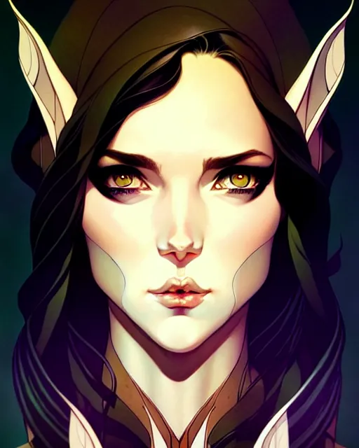 Image similar to artgerm, joshua middleton comic cover art, full body pretty female elven wood elf, symmetrical eyes, symmetrical face, long curly black hair, beautiful forest, rim lighting