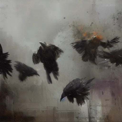 Image similar to ravens attacking, by jeremy mann.