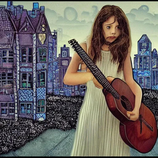 Prompt: cityscape, dystopian, young girl playing a guitar. blue flowers in her hair. folk horror. great detail.