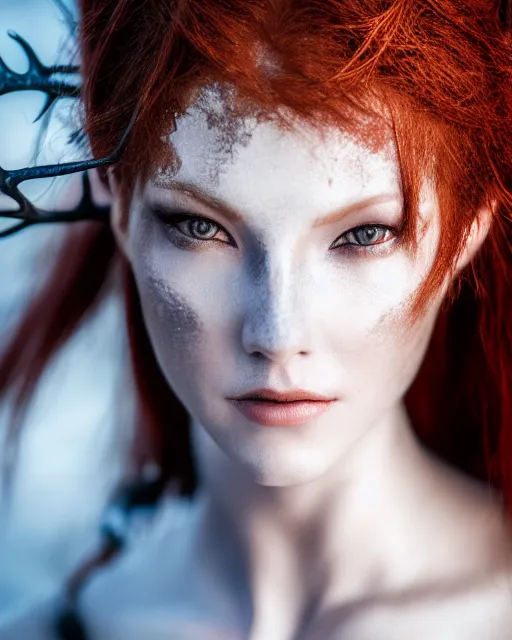 Image similar to 5 5 mm portrait photo of an armored redhead woman with antlers on her head, by luis royo. highly detailed 8 k. intricate. lifelike. soft light. nikon d 8 5 0. cinematic post - processing