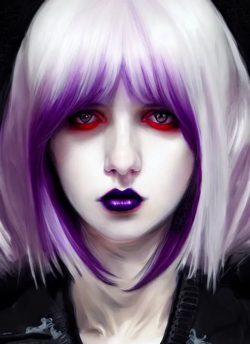 Image similar to portrait of white teenage girl, normal face, white bangs, mall goth, cyberlox, black and white hair, bangs, fluffy bangs, red contact lenses, purple lipstick, intricate, elegant, highly detailed, digital painting, artstation, concept art, sharp focus, smooth, illustration, art by wlop, mars ravelo and greg rutkowski