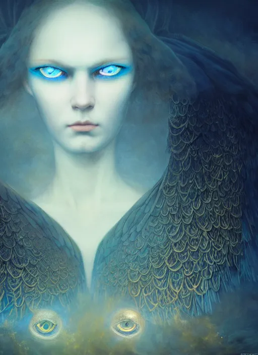 Image similar to Her huge ominous glowing blue eyes staring into my soul , perfect eyes, agostino arrivabene, WLOP, Tomasz strzalkowski, twisted dark lucid dream, 8k portrait render, raven angel wings, beautiful lighting, dark fantasy art, rococo, gold filigree, artstation