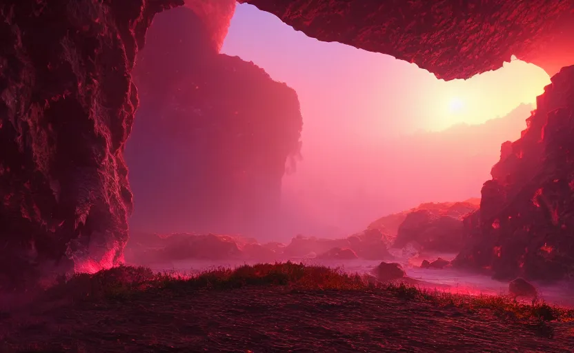 Prompt: a beautiful and stunning digital render of a humongous opal cave, dimly glowing crystals, haze, waterfall, volumetric lighting, photorealistic, red sky, sunset, unreal engine 5, ultra detail, trending on artstation