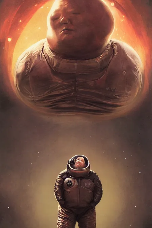 Image similar to portrait of baron harkonnen floating in the air wearing leather spacesuit, detailed, nebula space background, illustration by normal rockwell, artstation character art, john william waterhouse, concept art, greg rutkowski