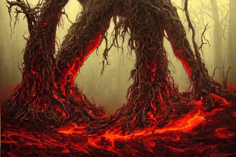 Image similar to Haunting horrifying hyperrealistic detailed painting of a huge tall ent creature sitting atop a mountain of flames in a foggy hellscape with spread out pools of crimson red gelatinous liquid and goop, eyeballs bulging, sparks of fire flying, dystopian feel, heavy metal, disgusting, creepy, unsettling, in the style of Michael Whelan and Zdzisław Beksiński, lovecraftian, hyper detailed, trending on Artstation