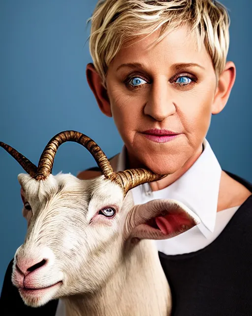 Image similar to headshot of ellen degeneres with yellow goat like eyes, ellen degeneres in highly detailed satyr like makeup by rick baker, studio lighting, 8 k, photo shoot, 9 inch kershaw soft focus lens f / 5. 6