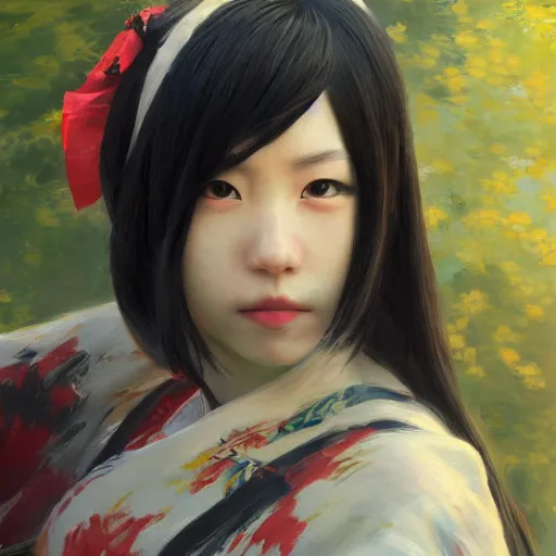 Image similar to portrait painting of Yotsuyu from Final Fantasy XIV, wide angle, zoomed out, by Richard Schmid and Jeremy Lipking