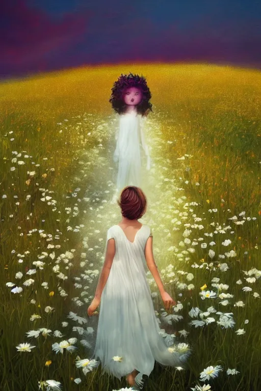 Image similar to giant white daisy flower crown head, veil girl walking in a flower field, surreal photography, sunrise, dramatic light, impressionist painting, colorful clouds, digital painting, artstation, simon stalenhag