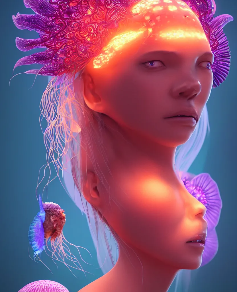 Image similar to goddess close-up portrait. orchid jellyfish phoenix head, nautilus, skull, betta fish, bioluminiscent creatures, intricate artwork by Tooth Wu and wlop and beeple. octane render, trending on artstation, greg rutkowski very coherent symmetrical artwork. cinematic, hyper realism, high detail, octane render, 8k