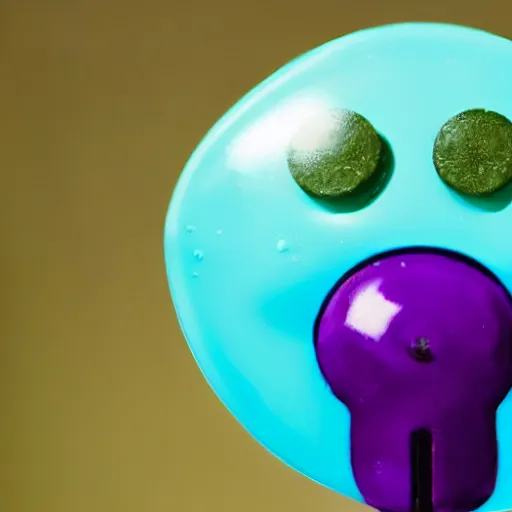 Image similar to one eyed purple alien eating a lollipop made of hardened green slime, it has antennas as ears, signal the camera to get his best side, varying angles, wide shot, golden hour