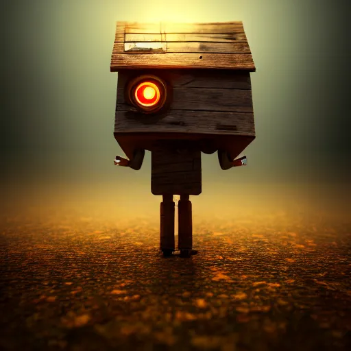 Image similar to a walking tiny wood house with two mechanical legs and two glowing eyes, rust, hyperrealistic, pareidolia, highly detailed, cinematic, single ray of sun, fog, city in background, beautiful, cgssociety, artstation, 8 k, oil painting