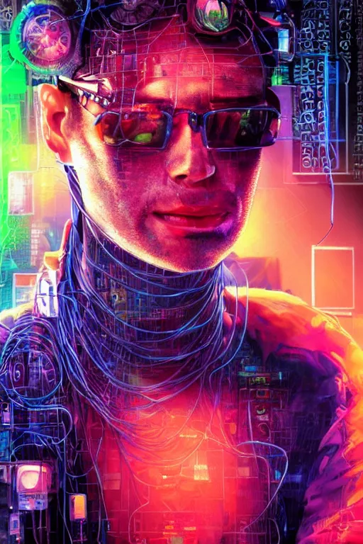 Image similar to stunning highly detailed portrait of a neuromancer hacker with cyber headgear surrounded by wires, neon colors, oil on canvas, strong lighting, by Greg Staples, by Glenn Fabry, by Josan Gonzalez, HD, 4K