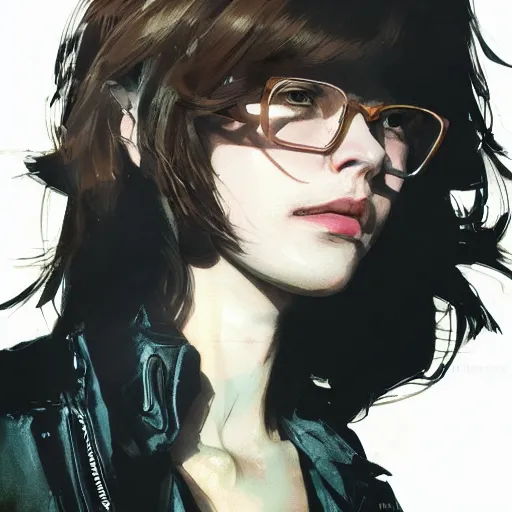 Prompt: portrait of a young woman with bangs, wavy brown hair and bangs, wearing round thin - rimmed glasses and a leather jacket, she has a big, round jawline, dramatic lighting, illustration by greg rutkowski, yoji shinkawa, 4 k, digital art, concept art, trending on artstation