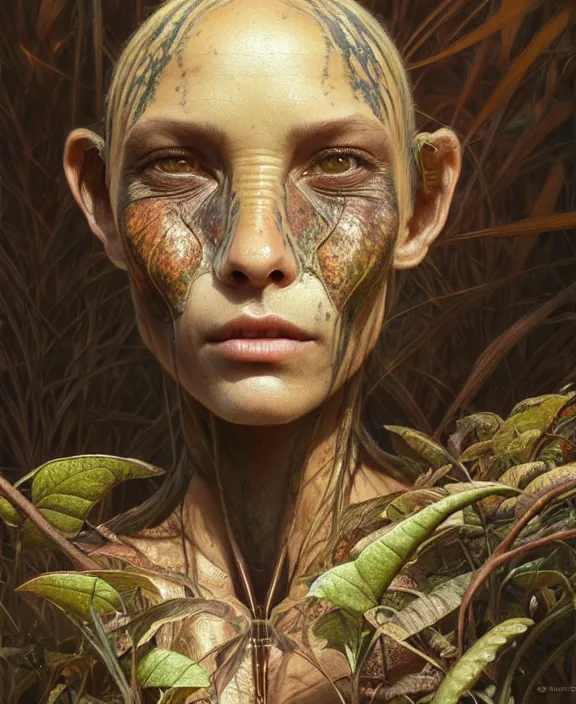 Image similar to intricate earth - toned portrait of a comforting alien insect creature, mottling coloring, adorable, childlike, overgrown environment, ultra realistic, concept art, maximalist, photorealistic, octane render, 8 k, unreal engine. art by christopher marley and artgerm and greg rutkowski and alphonse mucha