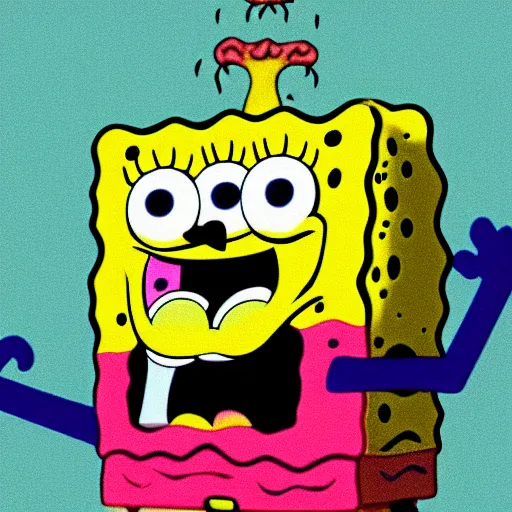 Prompt: surreal SpongeBob scary god entity, schizophrenic SpongeBob scratching eyes