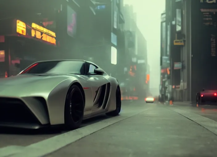 Prompt: Bladerunner2049 street racing man leaning cool pose on his white sports car with red emissives volumetric lighting Cyberpunk RTX ray marching street atmospheric cinematic screen cap street Tokyo slightly foggy Ryan Church Roger Deakins RX7 FD S15 GTR R35 Nismo