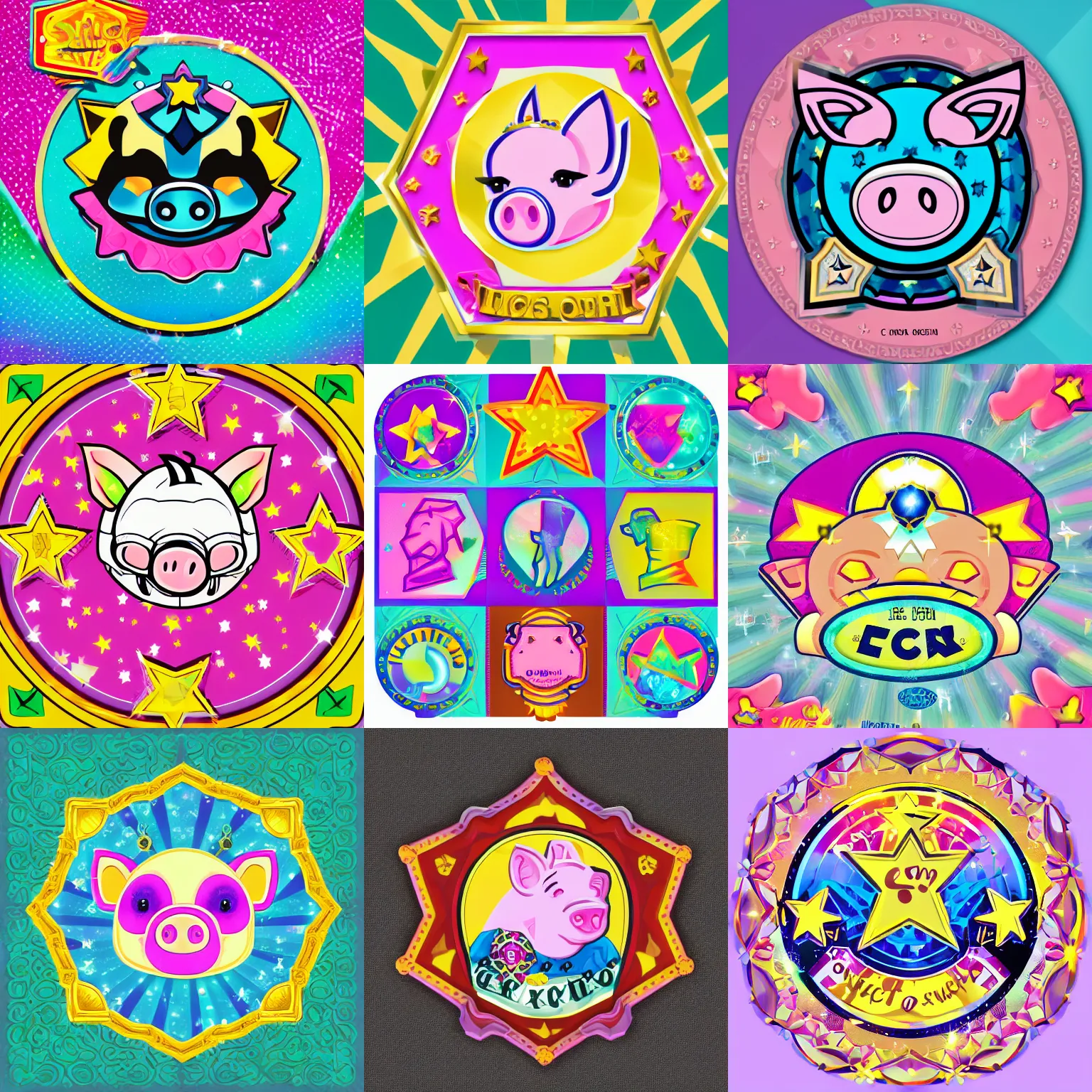 Prompt: 🐷 🤑 ☭ 🌟 🌠 badge designed by lisa frank, vector graphics icon, svg, symmetrical, transparent background, cute, metal, enamel, cloissonne, vintage, guilloche, gem stones, gilt, swarovski