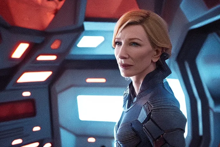 Prompt: cate blanchett on the bridge of a starship, cyberpunk, movie still